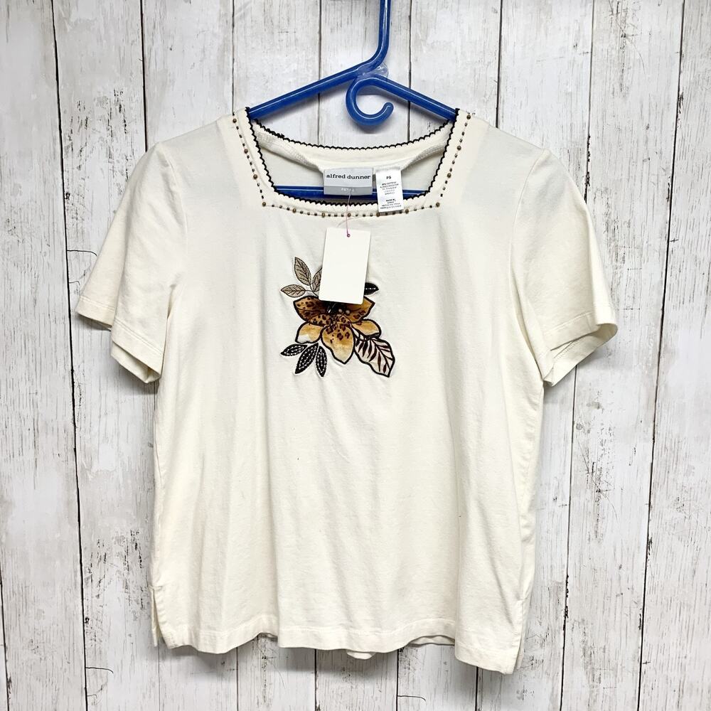 Y2K Alfred Dunner Petite Top Women PS Cream Floral Embroidered Peasant Blouse‎